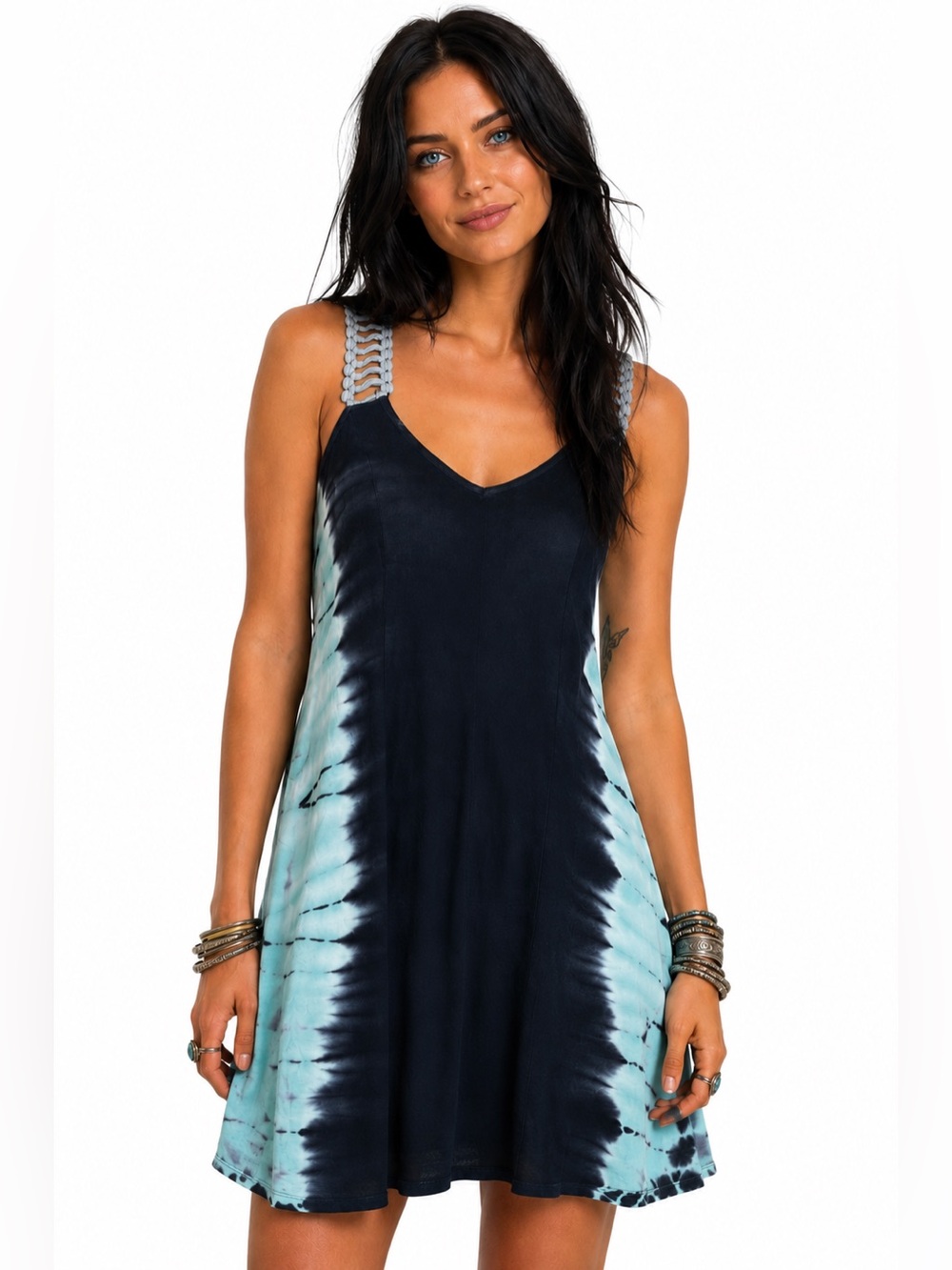 Be-Vocal Blue Tie Dye Rayon Mini Dress Small Boho Braided Strap Lightweight